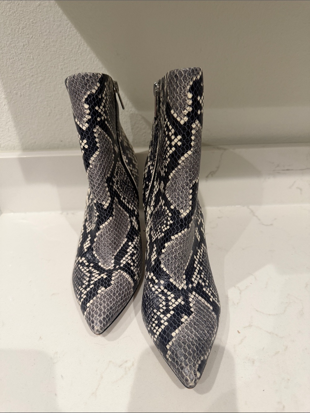 Snake-Print Pointed Toe Ankle Boots - Gray
